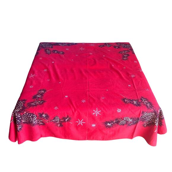 Vtg Christmas CALIFORNIA HAND PRINTS Tablecloth circa 1950's 50" x 52" Red Gold - Picture 1 of 14